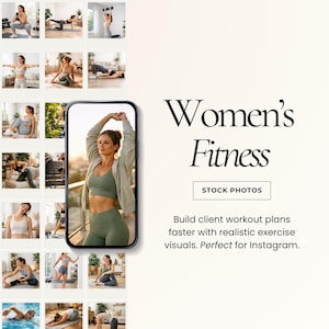 May include: A promotional image showcasing fitness stock photos. A phone displays a woman in activewear. Text reads "Women's Fitness" and "STOCK PHOTOS". The image is designed to help build workout plans faster with realistic exercise visuals.