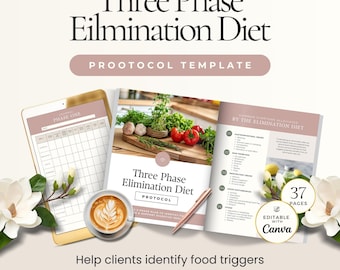 Protocolo de seguimiento de dieta de eliminación: plantilla de Canva para entrenadores nutricionales, registro de síntomas relacionados con los alimentos, registro de reintroducción de alimentos, cuaderno de trabajo para el cliente sobre salud intestinal.