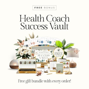 May include: An advertisement for the "Health Coach Success Vault" with the text "Free Bonus" and "Free gift bundle with every order!". The image includes a laptop, desktop monitor, tablets, and a lamp, all arranged with floral and decorative elements.