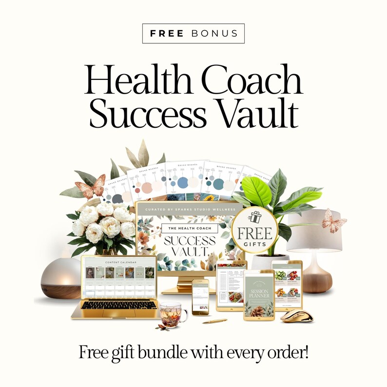May include: An advertisement for the "Health Coach Success Vault" with the text "Free Bonus" and "Free gift bundle with every order!". The image includes a laptop, desktop monitor, tablets, and a lamp, all arranged with floral and decorative elements.