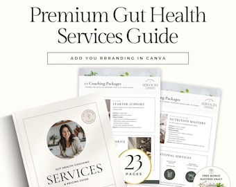 Gut Health Coach Services & Pricing Guide | Editable Premium Holistic Canva Template for Wellness Coaching Packages and Client Welcome Kit