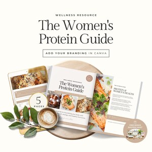 May include: A wellness resource titled "The Women's Protein Guide" with the text "Add Your Branding in Canva." The image features a book, a tablet, and other materials. The book cover displays images of food. A coffee cup and leaves are also present.