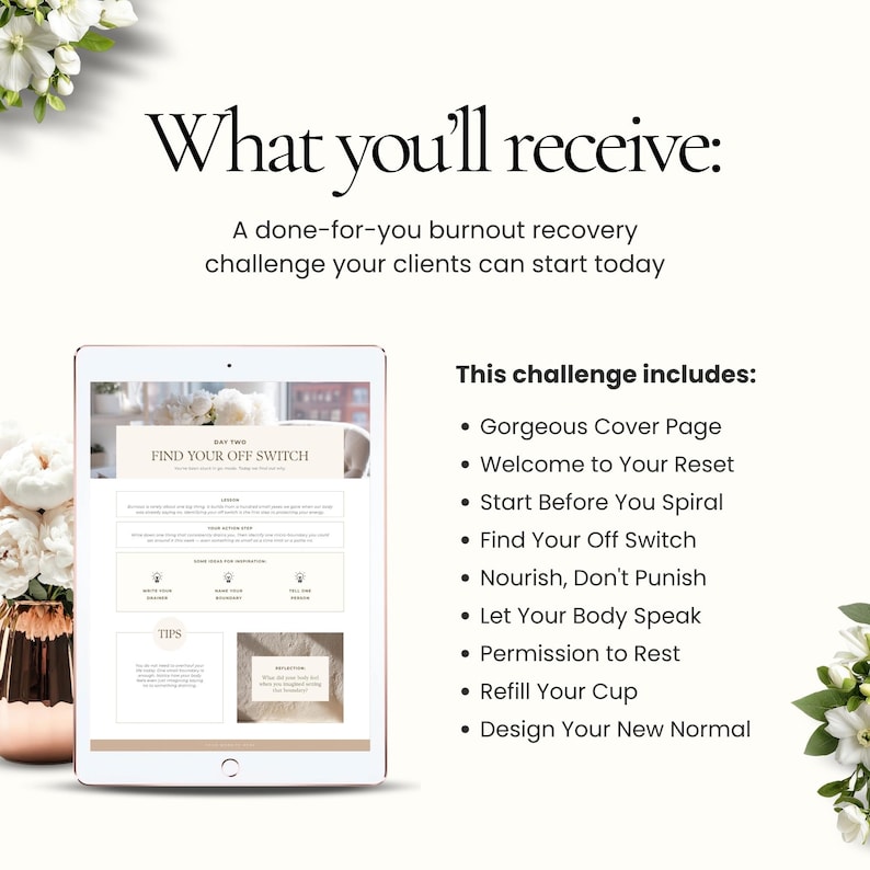Op de afbeelding: Een digitale tablet toont een wellnessprogramma met de tekst "Wat u ontvangt: Een burnout recovery challenge die uw klanten vandaag nog kunnen starten." Het programma bevat een omslag, een resetgids en tips.