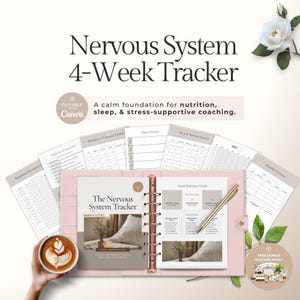 Pode incluir: Uma pasta rosa com o texto "Nervous System 4-Week Tracker" e "Editable with Canva". A pasta aberta exibe páginas para rastrear nutrição, sono e estresse. Uma caneta dourada repousa nas páginas e uma xícara de café está no canto inferior esquerdo.