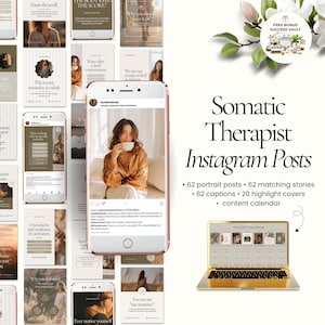 May include: A digital product mockup featuring a collection of Instagram posts for a somatic therapist. The design includes a phone displaying a post, a laptop, and several other posts with inspirational text and images. The color palette is neutral with beige and brown tones.