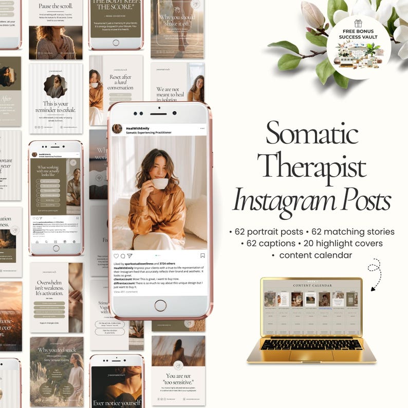 May include: A digital product mockup featuring a collection of Instagram posts for a somatic therapist. The design includes a phone displaying a post, a laptop, and several other posts with inspirational text and images. The color palette is neutral with beige and brown tones.