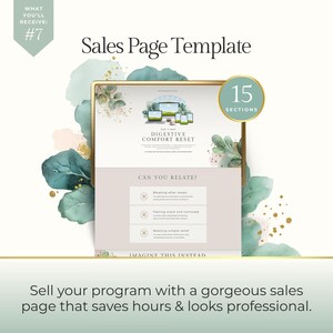 May include: A digital sales page template with the text "Sales Page Template" and "15 Sections". The template includes the text "Digestive Comfort Reset" and "Can You Relate?" with a list of symptoms. The image has a watercolor design.