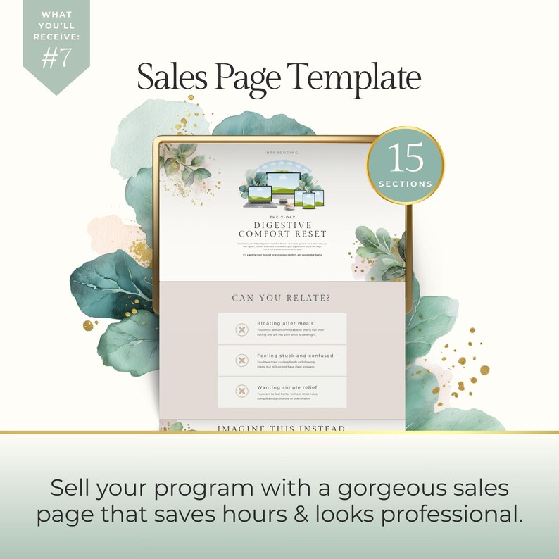 May include: A digital sales page template with the text "Sales Page Template" and "15 Sections". The template includes the text "Digestive Comfort Reset" and "Can You Relate?" with a list of symptoms. The image has a watercolor design.