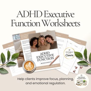 Könnte beinhalten: Eine Sammlung von Arbeitsblättern zur Exekutivfunktion bei ADHS. Das Bild zeigt eine Kaffeetasse, einen Stift und den Text "Helfen Sie Klienten, Fokus, Planung und emotionale Regulierung zu verbessern."