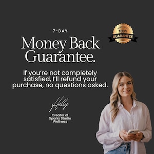 May include: A dark gray background with the text "7-DAY Money Back Guarantee." and "100% Guarantee" in a gold seal. The text reads, "If you're not completely satisfied, I'll refund your purchase, no questions asked."
