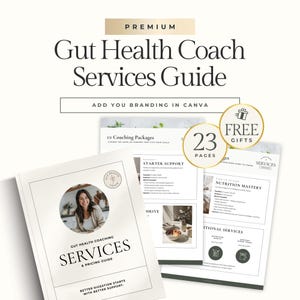 Gut Health Coach Services & Pricing Guide | Editable Premium Holistic Canva Template for Wellness Coaching Packages and Client Welcome Kit