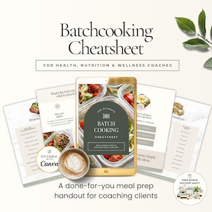 Puede incluir: Una guía digital de preparación de comidas titulada "Batchcooking Cheatsheet" para entrenadores de salud y bienestar. La imagen presenta una tableta que muestra la guía, junto con páginas impresas con ideas de comidas y una taza de café. El texto incluye "Editable with Canva".