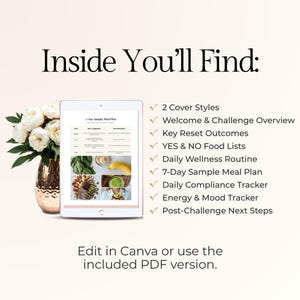 May include: A digital tablet displays a 7-Day Sample Meal Plan, with images of food. Text reads "Inside You'll Find:" followed by a list of features. A copper vase with white flowers is on the left. Text at the bottom says "Edit in Canva or use the included PDF version."