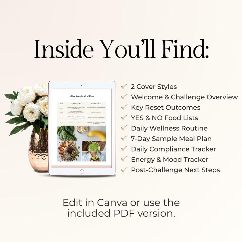 May include: A digital tablet displays a 7-Day Sample Meal Plan, with images of food. Text reads "Inside You'll Find:" followed by a list of features. A copper vase with white flowers is on the left. Text at the bottom says "Edit in Canva or use the included PDF version."