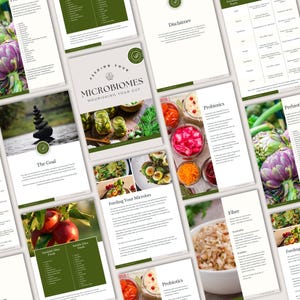 May include: A guide to feeding your microbiome with a focus on probiotics, prebiotics, and fiber. The guide includes a list of foods that are good for your gut health, as well as information on how to incorporate these foods into your diet. The guide also includes a disclaimer.