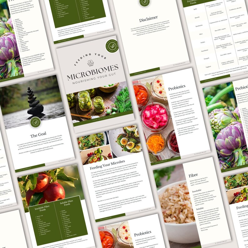 May include: A guide to feeding your microbiome with a focus on probiotics, prebiotics, and fiber. The guide includes a list of foods that are good for your gut health, as well as information on how to incorporate these foods into your diet. The guide also includes a disclaimer.