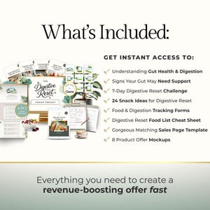 May include: An image with the text "What's Included" and "Get Instant Access To:" lists several digital products. The products include guides, challenges, and templates related to gut health and digestion. The image also includes the text "Everything you need to create a revenue-boosting offer fast."
