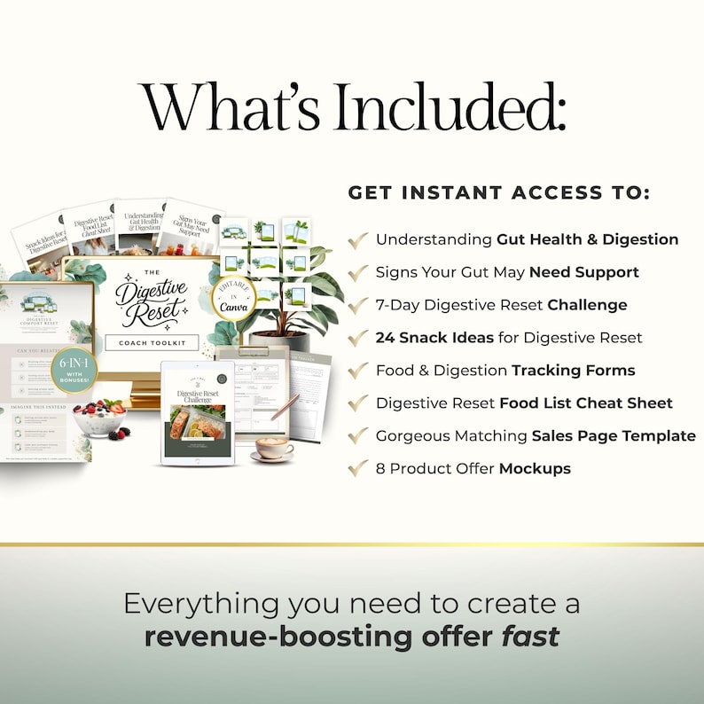 May include: An image with the text "What's Included" and "Get Instant Access To:" lists several digital products. The products include guides, challenges, and templates related to gut health and digestion. The image also includes the text "Everything you need to create a revenue-boosting offer fast."