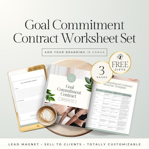May include: A digital worksheet set titled "Goal Commitment Contract Worksheet Set." The image shows a tablet, a printed booklet, and a template, all with the same title. The text "Add Your Branding in Canva" is also visible.