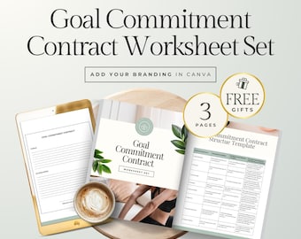 Peut inclure: Un ensemble de fiches de travail numériques intitulé "Goal Commitment Contract Worksheet Set". L'image montre une tablette, un livret imprimé et un modèle, tous avec le même titre. Le texte "Add Your Branding in Canva" est également visible.