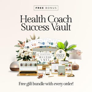 May include: An arrangement of health and wellness coaching resources, including a laptop, desktop monitor, tablets, and printed materials. The text "Health Coach Success Vault" is prominently displayed. The image also includes a lamp, flowers, and the text "Free gift bundle with every order!"