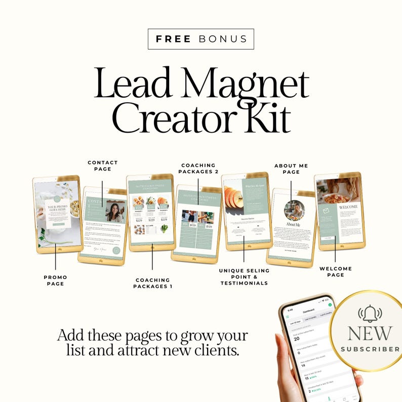 May include: An image showcasing a 'Lead Magnet Creator Kit' with various digital page mockups, including a promo page, contact page, and coaching packages. The text 'Add these pages to grow your list and attract new clients' is also visible.