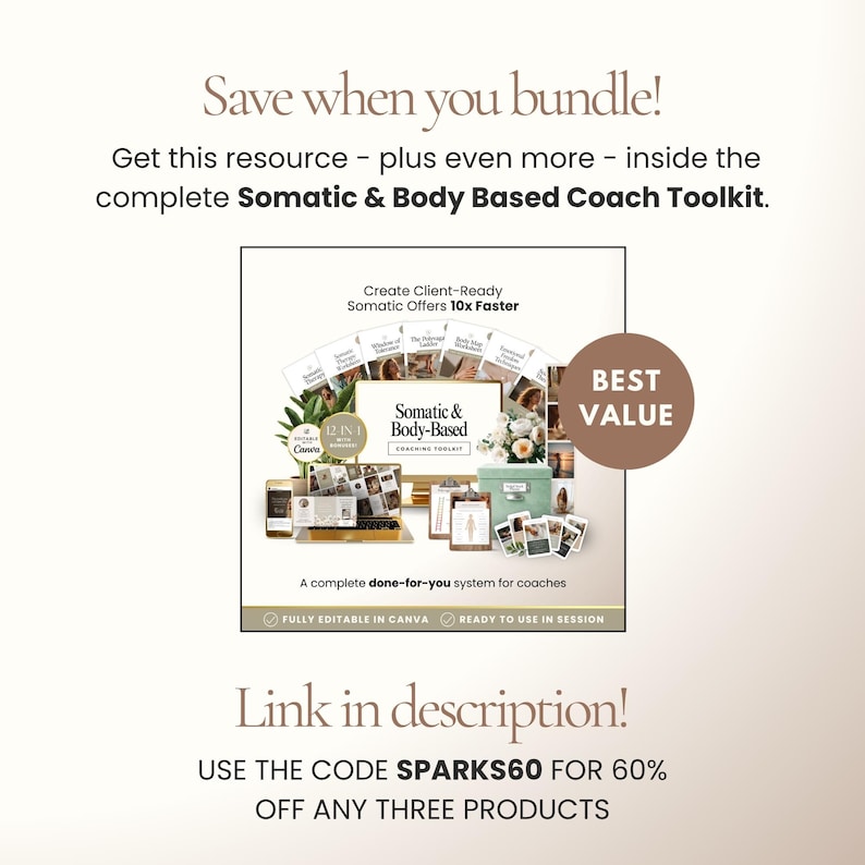 May include: An advertisement for the Somatic & Body Based Coach Toolkit. The image features a collection of resources, including a laptop, cards, and a box. Text includes "Create Client-Ready Somatic Offers 10x Faster" and "BEST VALUE".