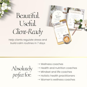Op de afbeelding: Een afbeelding met de tekst "Beautiful. Useful. Client-Ready" en "Help cli&euml;nten stress reguleren en rustige routines opbouwen in 7 dagen." Een smartphone, een notitieboek en een pen zijn ook zichtbaar. De afbeelding is bedoeld voor wellness-, gezondheids- en life coaches.
