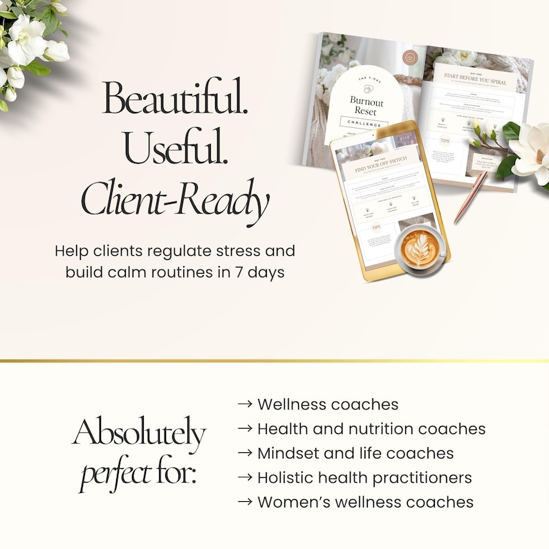 Op de afbeelding: Een afbeelding met de tekst "Beautiful. Useful. Client-Ready" en "Help cli&euml;nten stress reguleren en rustige routines opbouwen in 7 dagen." Een smartphone, een notitieboek en een pen zijn ook zichtbaar. De afbeelding is bedoeld voor wellness-, gezondheids- en life coaches.