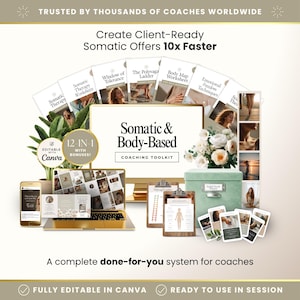 May include: An image promoting a coaching toolkit with the text "Somatic & Body-Based Coaching Toolkit". The image includes a laptop, smartphone, and printed materials such as worksheets and cards. The text also reads "Create Client-Ready Somatic Offers 10x Faster."