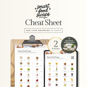 May include: A clipboard with a wooden base holds a "Smart Food Swaps Cheat Sheet" with food swap ideas. The sheet is displayed with a digital tablet showing the same information. The image includes the text "Add Your Branding in Canva".