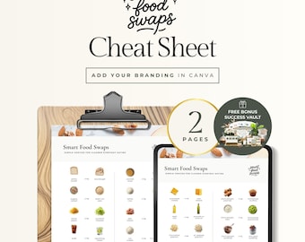 Plantilla de Canva para hojas de trucos de nutrición sobre intercambios inteligentes de alimentos para asesores de salud, lista de alimentos para una alimentación limpia y folleto editable de alimentos saludables para clientes.