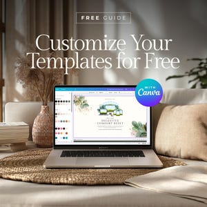 May include: A laptop displaying a Canva template with the text "Customize Your Templates for Free" and "Digestive Comfort Reset." The laptop sits on a woven mat with a vase of dried flowers and a stack of books.