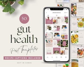 50 Gut Health Instagram Post Templates, Canva Recipes, Wellness Tips & Coach Promo Content, Done-for-You Holistic Health Social Media Pack
