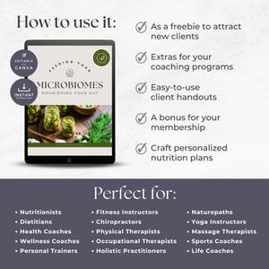May include: A digital download guide titled "Feeding Your Microbiomes: Nourishing Your Gut" with a green checkmark and a jar of green olives. The guide is designed for nutritionists, dietitians, health coaches, wellness coaches, personal trainers, fitness instructors, chiropractors, physical therapists, occupational therapists, holistic practitioners, naturopaths, yoga instructors, massage therapists, sports coaches, and life coaches.
