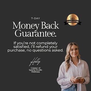May include: Image with text: "7-DAY Money Back Guarantee." and "100% Guarantee." The text states a refund policy if the customer is not satisfied. A woman is smiling and holding a phone. The image has a dark gray background.