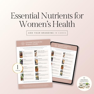 May include: A digital graphic with the text "Essential Nutrients for Women's Health" and the words "Add Your Branding in Canva". The image shows a printed page and a tablet screen displaying the same content.