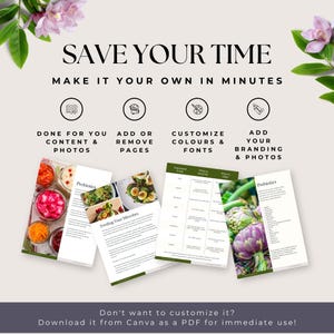 May include: A digital template for a guide to probiotics and prebiotics. The template features images of fermented foods, such as sauerkraut, kimchi, and artichokes. The text on the template reads "Probiotics", "Feeding Your Microbes", and "Prebiotics".
