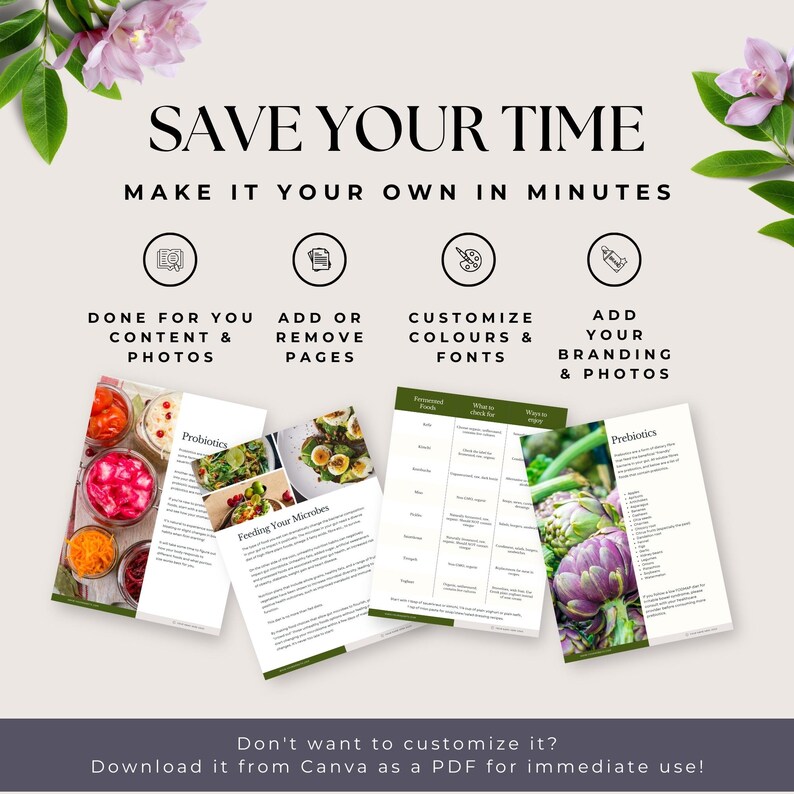 May include: A digital template for a guide to probiotics and prebiotics. The template features images of fermented foods, such as sauerkraut, kimchi, and artichokes. The text on the template reads "Probiotics", "Feeding Your Microbes", and "Prebiotics".