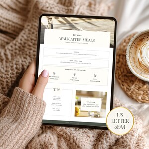 May include: A tablet displays a wellness guide titled "WALK AFTER MEALS" with tips and action steps. The guide suggests walking after meals for digestion. The image includes a cup of coffee and a "US LETTER & A4" label.