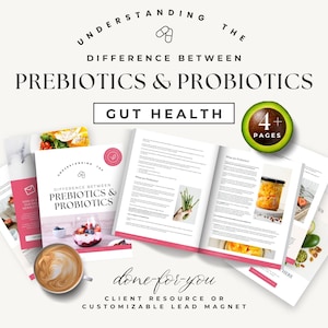 Könnte beinhalten: Ein rosa-weißer digitaler Download-Leitfaden mit dem Titel "Understanding the Difference Between Prebiotics & Probiotics: Gut Health" mit einer grünen Avocado-Illustration und dem Text "4+ Seiten". Der Leitfaden ist eine vorgefertigte Kundenressource oder ein anpassbarer Lead-Magnet.