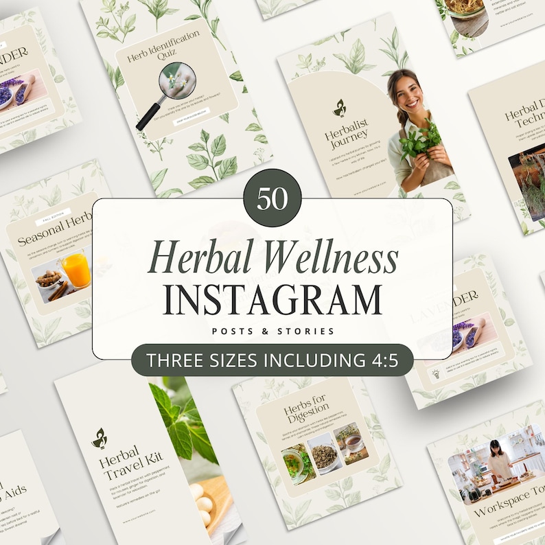 50 Herbal Wellness Social Media Templates, Done for you Herbalist Content Instagram Post Canva Templates for Holistic Practitioners, 341JK image 1