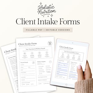 Könnte beinhalten: Weiße Client Intake Forms mit dem Text "Holistic Nutrition" und "Client Intake Forms". Die Formulare enthalten Abschnitte für persönliche Details, Ernährungsgewohnheiten und Wellness-Details. Ein Formular wird auf einem Tablet angezeigt.