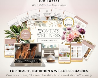May include: A promotional image for a Women's Wellness Coach Toolkit. The image includes a laptop, tablets, and printed guides. The text includes "Build Beautiful Offers 10x Faster" and "Women's Wellness Coach Toolkit".