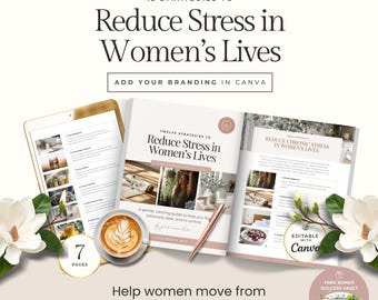 Canva-sjabloon met gids voor stressverlichting voor dames | Bewerkbaar wellness-e-boek voor gezondheids- en zelfzorgcoaches voor vrouwen | Hulpmiddel voor stressbeheersing