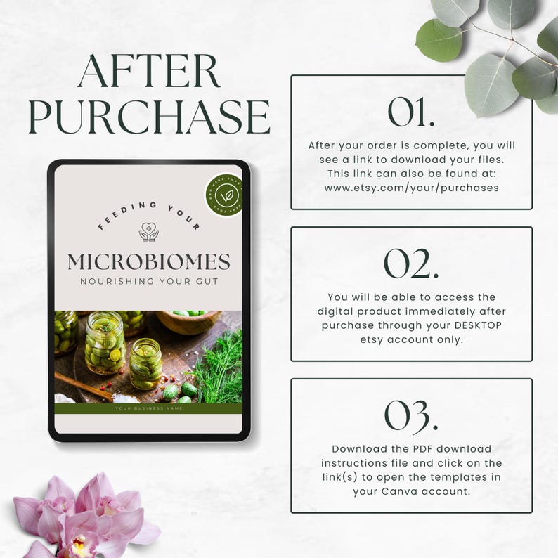 May include: A digital product guide with a green and white logo that says "Feeding Your Microbiomes Nourishing Your Gut". The guide is on a tablet with a white background. The image also includes three numbered steps for accessing the digital product after purchase.