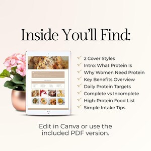 May include: A digital tablet displays a guide titled "Inside You'll Find:" with information on protein, including cover styles, benefits, and food lists. The tablet is next to a pink flower arrangement in a copper-colored pot. Text at the bottom says "Edit in Canva or use the included PDF version."