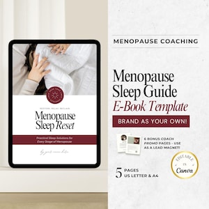 Puede incluir: Una tableta digital que muestra una maqueta de portada de libro electrónico titulada "Menopause Sleep Reset". La portada presenta a una mujer durmiendo en la cama y tiene un esquema de color rojo y blanco. El texto "Menopause Sleep Guide E-Book Template" se muestra en el lado derecho de la imagen. El texto "Brand as your own!" también se muestra en el lado derecho de la imagen. El texto "5 Pages US Letter & A4" se muestra en el lado derecho de la imagen. El texto "6 Bonus Coach Promo Pages - Use as a Lead Magnet!" se muestra en el lado derecho de la imagen. El texto "Editable in Canva" se muestra en el lado derecho de la imagen.