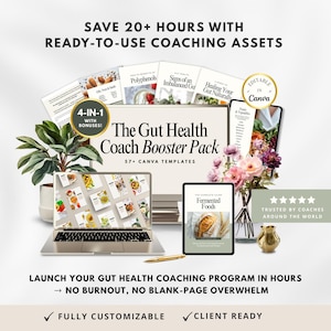 Peut inclure: Image promotionnelle pour un programme de coaching en santé intestinale. Elle présente un ordinateur portable, une tablette et divers supports de coaching, notamment des guides et des modèles. Le texte indique "The Gut Health Coach Booster Pack" et "Ready-to-use coaching assets".