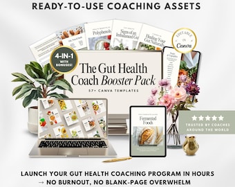 Gut Health Coach Booster Pack | Canva Templates & Client Handouts | Gut Health Guides + Recipe Social Media Posts for Nutrition Coaches